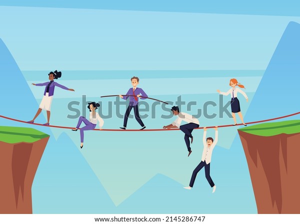 Office\
workers walking on the rope, abstract concept of business balance,\
flat vector illustration. Tightrope between cliffs. People falling\
off the rope. Competition, challenges and\
success.