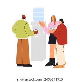 Office workers at water cooler. Employees standing, talking at break. People colleagues chatting, speaking. Informal coworkers communication. Flat vector illustration isolated on white background