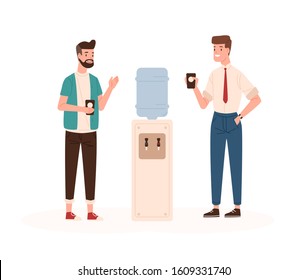 Office Workers And Water Cooler Flat Vector Illustration. Colleagues Conversation. Work Break, Time Relax, Communication. Office Managers Cartoon Characters Isolated On White Background.