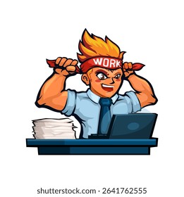Office workers wear headbands, to fire up their spirits while working Cartoon Illustration Vector