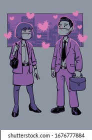 Büroangestellte, die Gefechtsmaske tragen, die sich inmitten des Love Virus
