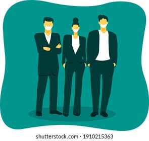 Office workers wearing medical face masks. Prevent pandemic of corona virus or COVID-19 in new normal concept. Flat Vector illustration.