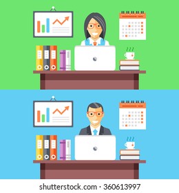 Office workers web banners. Man and woman employees at work. Vector flat illustration
