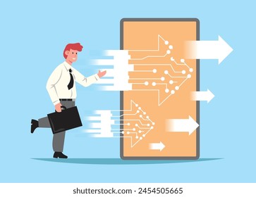 office workers in white long-sleeved collared shirts, wearing ties, black trousers and carrying suitcases, are running, with digital arrows in front of him, with mobile phone and blue background
