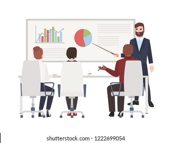 Office workers at whiteboard meeting. Bearded man making presentation in front of audience. Cute cartoon characters isolated on white background. Colored vector illustration in modern flat style.