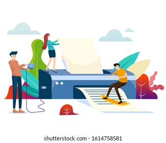 Office workers work with giant print to print data on paper. printing business documents. vector flat illustration design concept with a white background