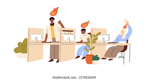 Los trabajadores de oficina trabajan arduamente con entusiasmo. Empleados motivados y activos equipo trabajando con fuego ardiente. Buen concepto de trabajo en equipo. Ilustración vectorial plana aislada en fondo blanco