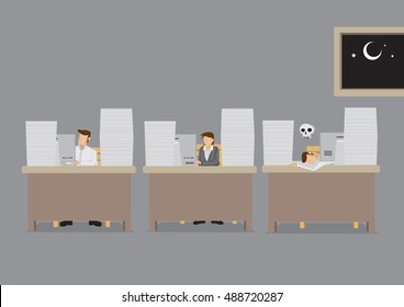 Office workers work late into the night and one died on the job with exhaustion. Cartoon vector illustration on overworked concept isolated on grey background.