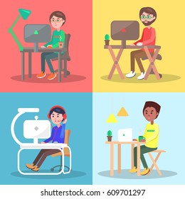 Office workers at work. Men cartoon characters seating at the wooden and plastic tables and working on computer flat vectors set. Modern furniture for home and workplace conceptual illustration