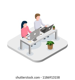 Office workers at work place concept. Coworking concept. Flat isometric vector illustration isolated on white background.