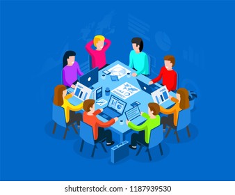 Office workers at work place concept. Coworking or brainstorm concept. Flat isometric vector illustration.