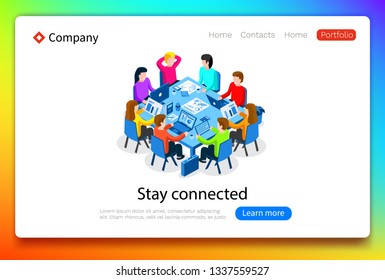 Office workers at work place concept. Coworking or brainstorm concept. Flat isometric vector illustration. Web Page template.