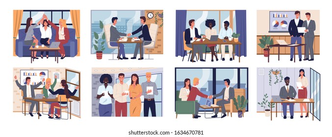 Office workers work in team synergy. People do strategy and working on project together. Managers talk about collaboration of companies. Symbol of teamwork, cooperation, partnership. Partner relations