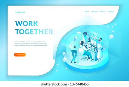 Office workers work together. isometric illustration