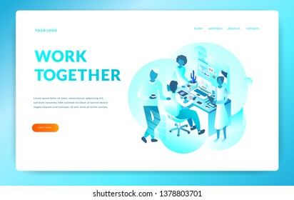 Office workers work together. isometric illustration