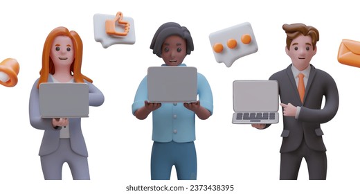 Office workers at work. Vector characters showing unbranded gadgets. Mockup of modern electronic devices. 3D icons, messenger advertising, business applications