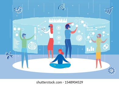 Office Workers Working with Augmented Reality Interface Flat Cartoon Vector Illustration. People Wearing Glasses and Looking at Virtual Statistics with Graphs and Charts. Business Development.
