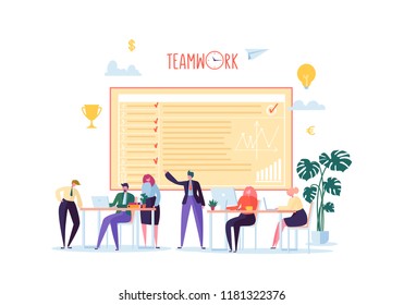 Office Workers Working with Computers. Flat Business People Characters with Laptop. Team Work Organization Process Concept. Vector illustration