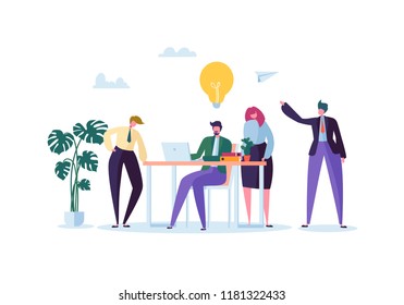 Office Workers Working with Computers. Flat Business People Characters with Laptop. Team Work Organization Process Concept. Vector illustration