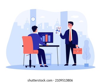 Office workers working on analysis of trade information. Happy person holding financial data report flat vector illustration. Finance, market concept for banner, website design or landing web page