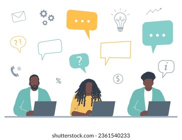 Office workers are working on laptops. Business concept with icons. Black men and woman are sitting at the table on white background. Flat style. Vector illustration