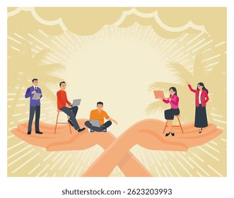 Trabalhadores de escritório trabalhando em um par de mãos de apoio como um símbolo de empregador cuidando dos trabalhadores. Conceito de cuidados com o funcionário. Ilustração de vetor plano