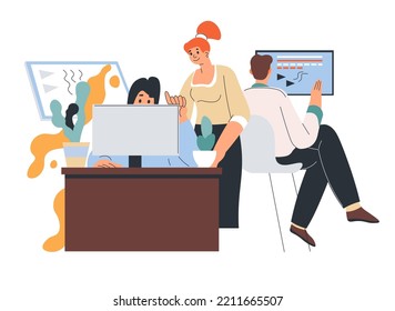 Office workers working on project, isolated teamwork. Business manager talking to employee, ,am composing video. Digital information and news broadcasting, design studio. Vector in flat style
