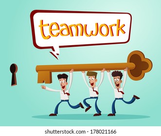 office workers working together inserting a key into the keyhole