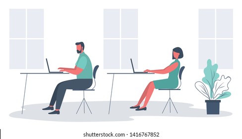 Office workers in the workplace. Business icon. Young man and young woman are sitting at the desks in the office room. There are desks, chairs, laptops, windows and flower here. Funky flat style.