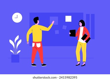 Office workers at workplace. Colleagues planning tasks, checking board. Employees collaborating together, discussing deadlines. Woman and man coworkers working on project vector illustration