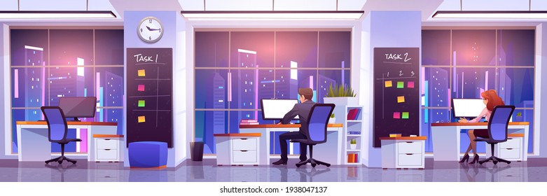Office workers at workplace at night time, vector