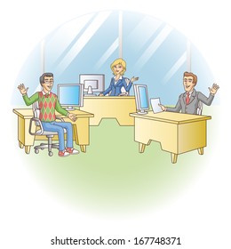 Office workers at the workplace. Vector illustration.