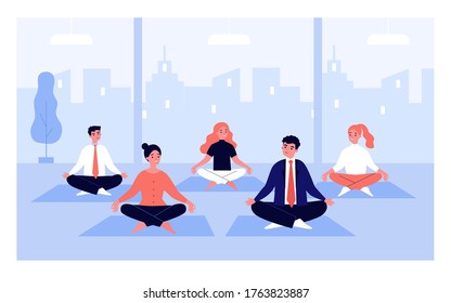 Trabajadores de oficina en ilustración vectorial plana del grupo de yoga. Los caricaturistas sentados en una pose espiritual para la meditación. Conciencia y concepto de trabajo