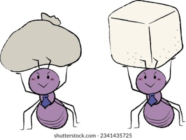 An office worker-style worker ant lifting a bag and sugar cubes