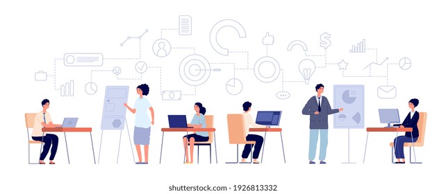 Office workflow. Business corporate work, people with computer. Man woman collaborating, cartoon employers and utter working system vector concept