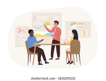 Office workflow concept. Business meeting. Presentation and discussion of the project. The decision making process. Office situation to discuss the decision. Creative web banner, marketing materials.