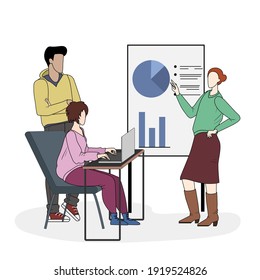 Office workflow concept. Business meeting. Presentation and discussion of the project. The decision making process. Office situation to discuss the decision. Creative web banner, marketing materials.