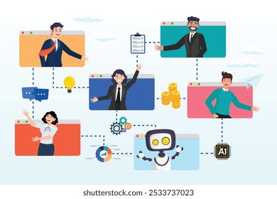 Diagrama de fluxo de trabalho do escritório, processo de trabalho, organograma ou fluxograma corporativo, gerenciamento de tarefas, inovação trabalhando com conceito de inteligência artificial de IA, funcionários de negócios no fluxo de trabalho do escritório