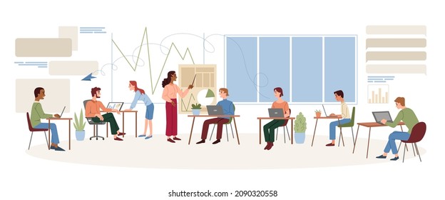Empleados del flujo de trabajo de Office y creación de equipos. Grupo de hombres y mujeres que trabajan en computadoras portátiles y realizan tareas. Los administradores crean presentaciones. Trabajo en equipo de los empresarios. Dibujo vectorial plano de dibujos animados