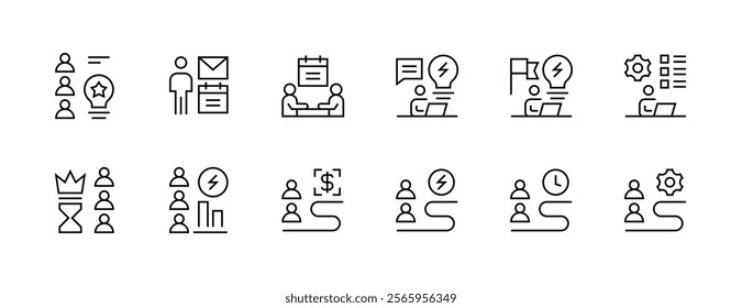 Office and workflow icon collection. Workplace, work group, team, office tools, time management, documents and more. Editable stroke. Pixel Perfect. Grid base 32px.