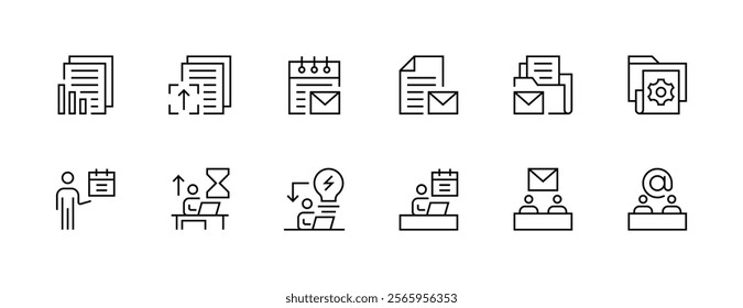 Office and workflow icon collection. Workplace, work group, team, office tools, time management, documents and more. Editable stroke. Pixel Perfect. Grid base 32px.