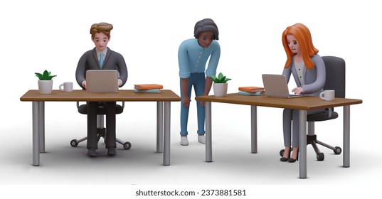 Office workflow. Man and woman in business suit are sitting at desks. Black guy stands nearby. Discussion of project, communication, counseling. Color vector