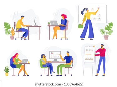 Office workflow. Working business people, remote teamwork and workers team collaboration. Enthusiastic team discussion, illustrator creative startup. Flat vector illustration isolated icons set