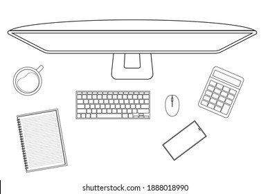 Office working desk top view outline