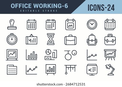Conjunto de iconos de trabajo de oficina Estilo de trazo editable Fondo blanco.