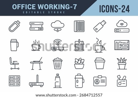 Office Working Icons Set Twenty Four Editable Stroke Business Symbols White Background.
