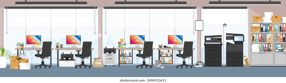 Office working place background, Empty business coworking area with no people, Busy office interior, Skyscraper office with city view, Office interior horizontal background.