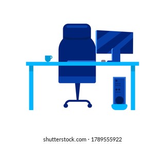 Office working place flat color vector object. Office desk with personal computer and chair. Company furniture. Workplace isolated cartoon illustration for web graphic design and animation