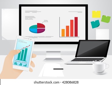 Office working place, hand holding checking business in smart phone and computer, laptop, documents, and coffee on table vector design