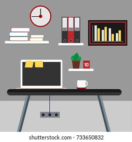 office working place modern desk space flat design vector illustration concept on gray
